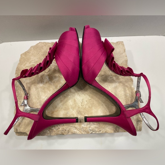 Nina Hot Pink Satin Platform Peep Toe T-Strap Formal High Heels Sz 10 - Picture 5 of 9